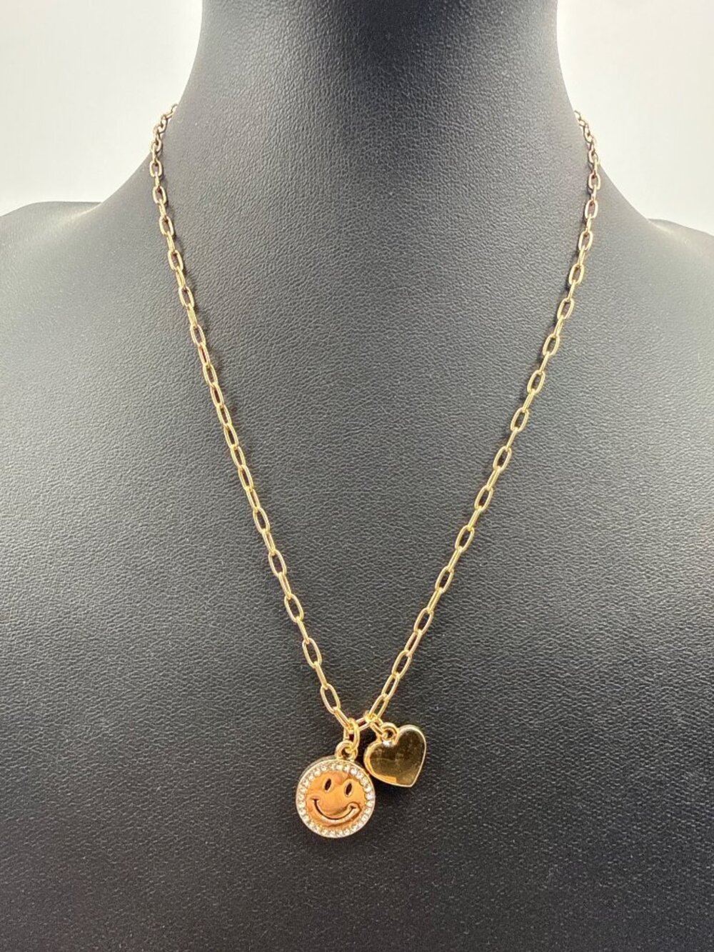 Gold Tone Paperclip Double Sided Happy Face Heart Charm Necklace
